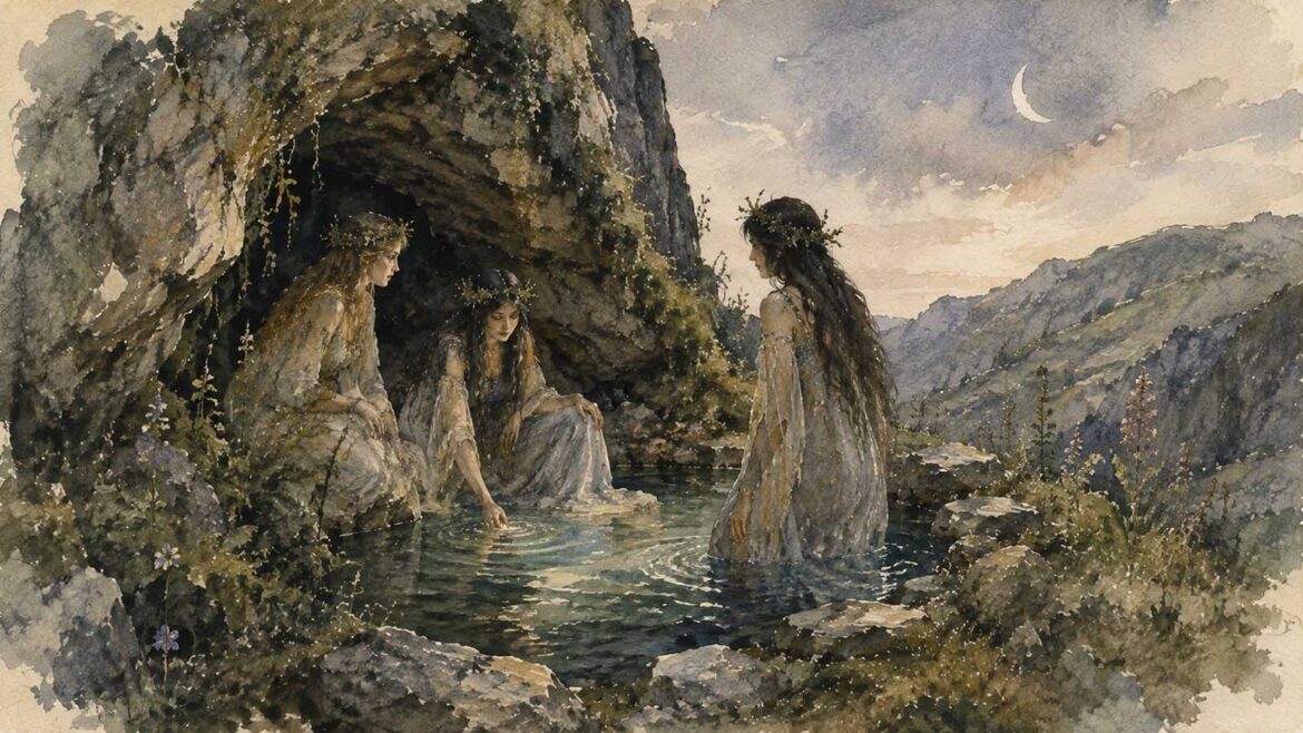 Il·lustració en aquarel·la de tres encantàries al costat d’una cova i una petita bassa d’aigua, en un paisatge nocturn de muntanya.