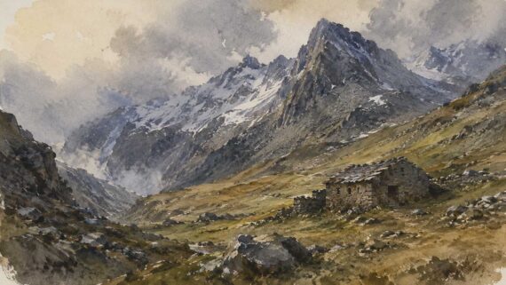 Il·lustració en aquarel·la d’una vall pirinenca d’alta muntanya, envoltada de cims rocosos i boira, amb una antiga borda de pedra en primer terme.