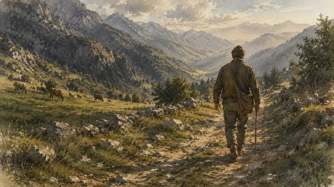 Il·lustració en aquarel·la d’un home caminant per un antic camí entre pastures i vaques, davant d’una extensa vall pirinenca envoltada de muntanyes.