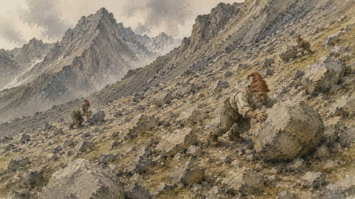 Il·lustració en aquarel·la de tres minairons que mouen grans blocs de pedra en una tartera d’alta muntanya als Pirineus.
