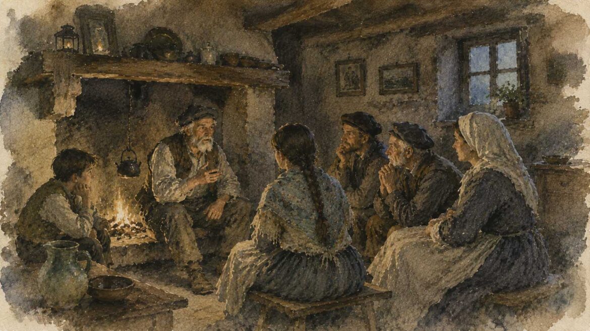 Il·lustració en aquarel·la d’un grup de persones reunides al voltant del foc en una casa pirinenca mentre un home gran explica una història.