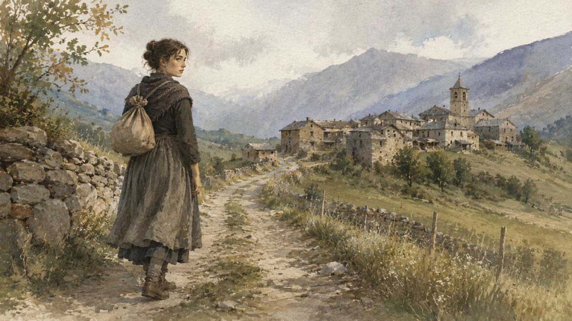 Jove Conxa caminant per un camí de muntanya amb un farcell a l’esquena, mentre gira la mirada cap al poble de pedra que deixa enrere. Il·lustració en aquarel·la inspirada en Pedra de tartera, de Maria Barbal.