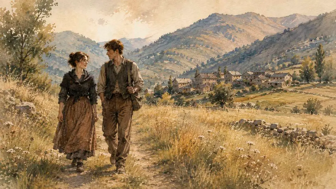 Conxa i Jaume caminen junts per un sender entre prats, amb un petit poble del Pallars i les muntanyes al fons.