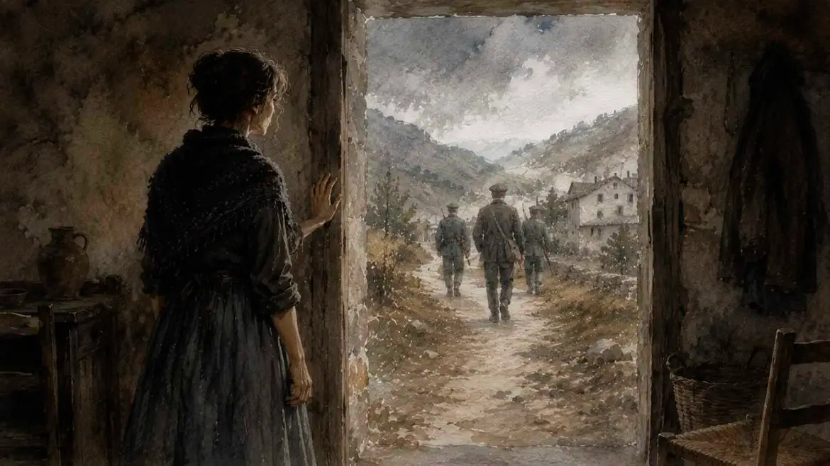 Conxa observa des de la porta d’una casa de muntanya com Jaume s’allunya pel camí acompanyat per dos homes armats, sota un cel gris.