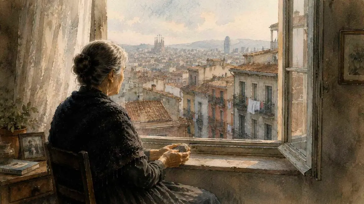 Conxa, ja gran, seu davant d’una finestra oberta sobre Barcelona mentre sosté una petita pedra entre les mans.