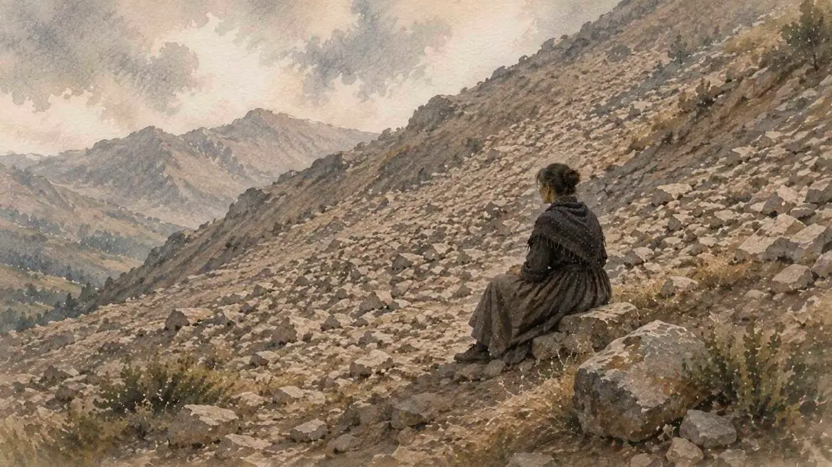 Conxa, ja madura, seu sola sobre una pedra enmig d’una gran tartera pirinenca i contempla les muntanyes sota un cel cobert.
