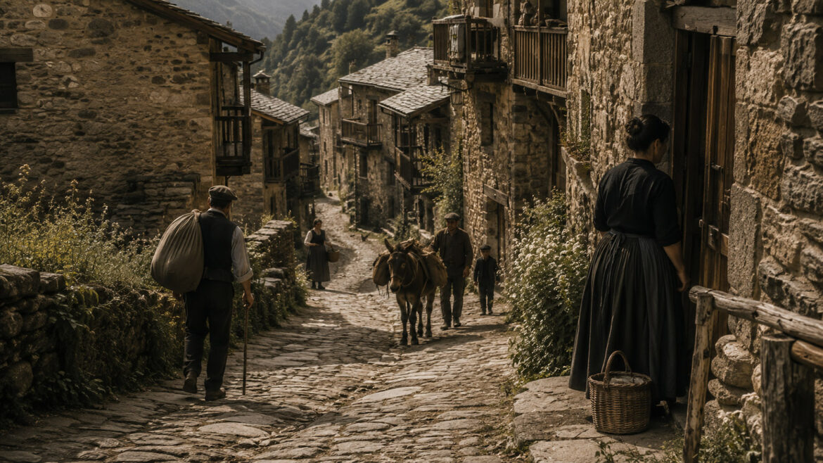 carrer d'un poble dels Pirineus al segle XIX (reconstitució)