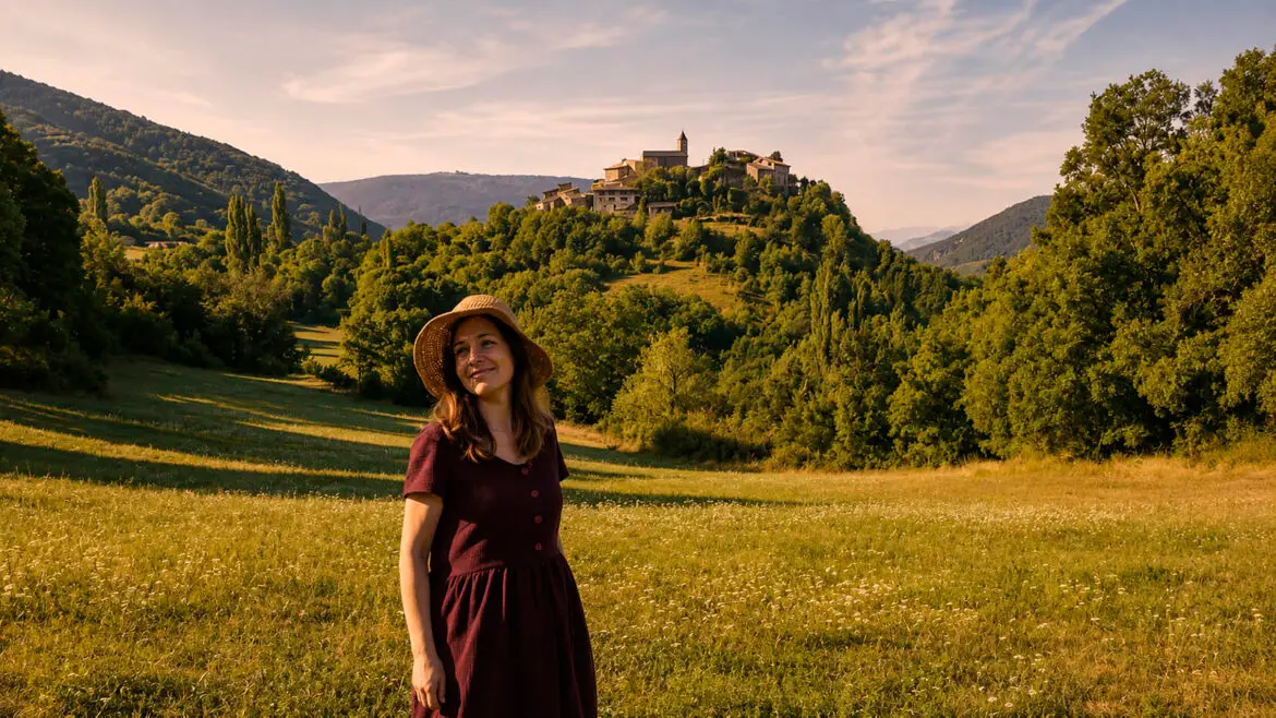 Caroline Koriche en un prat de la Vall Fosca, amb el poble de Beranui al fons, als Pirineus catalans.