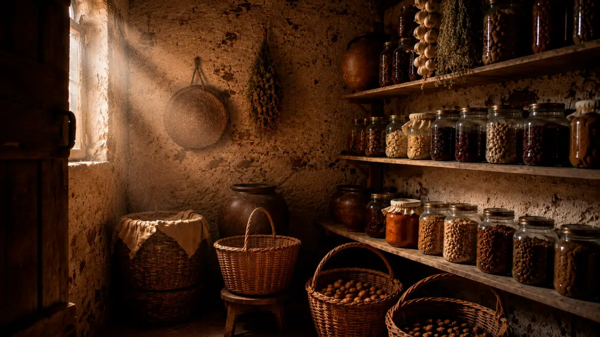 Rebost tradicional pirinenc amb pots de conserva, llegums, cereals, alls, fruits secs, formatges i altres aliments guardats en prestatgeries de fusta.