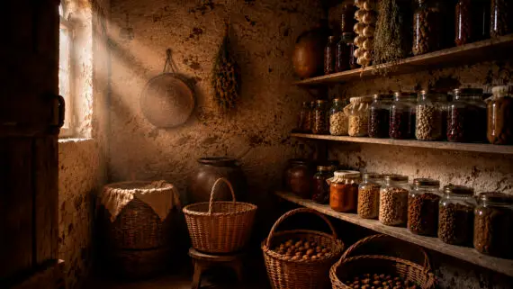 Rebost tradicional pirinenc amb pots de conserva, llegums, cereals, alls, fruits secs, formatges i altres aliments guardats en prestatgeries de fusta.