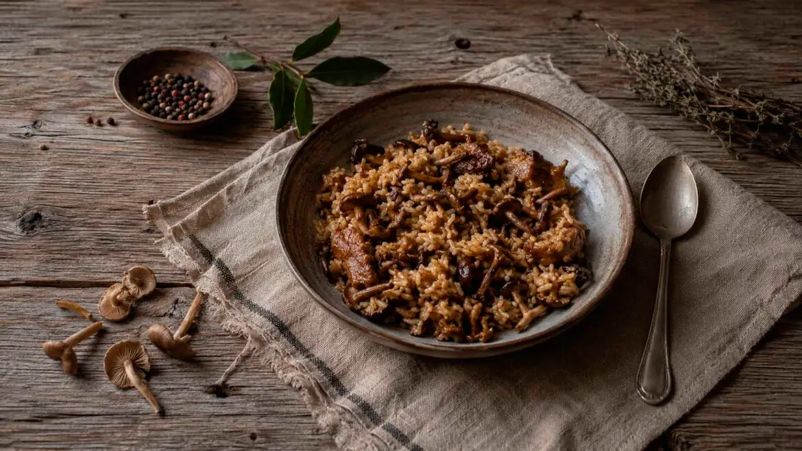 Arròs de muntanya amb carreretes servit en un plat de ceràmica sobre una taula de fusta, acompanyat de bolets i herbes aromàtiques.
