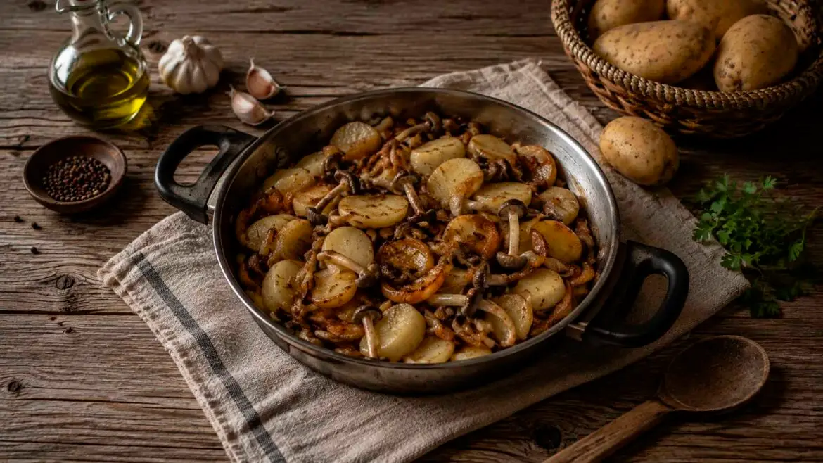 Patates daurades amb ceba i carreretes cuinades en una cassola, sobre una taula de fusta amb ingredients de la recepta al voltant.