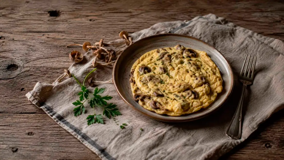 Truita de carreretes amb julivert servida en un plat de ceràmica sobre una taula de fusta, amb bolets frescos al costat.