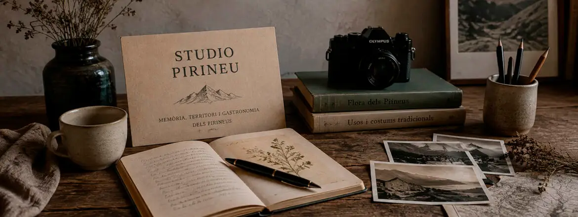 Taula de treball de Studio Pirineu amb llibres, quadern de notes, fotografies, càmera i elements relacionats amb la recerca i la cultura dels Pirineus.