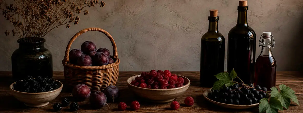 Natura morta amb fruits del bosc, prunes, raïm i ampolles sobre una taula de fusta, representant els productes i la gastronomia dels Pirineus.