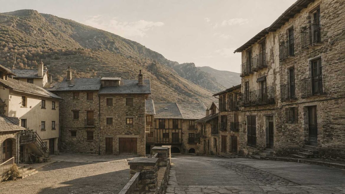 Recreació d’un carrer de Tírvia a començaments del segle XX, amb cases de pedra, teulades de pissarra i balcons, envoltades pel paisatge de muntanya del Pallars Sobirà.