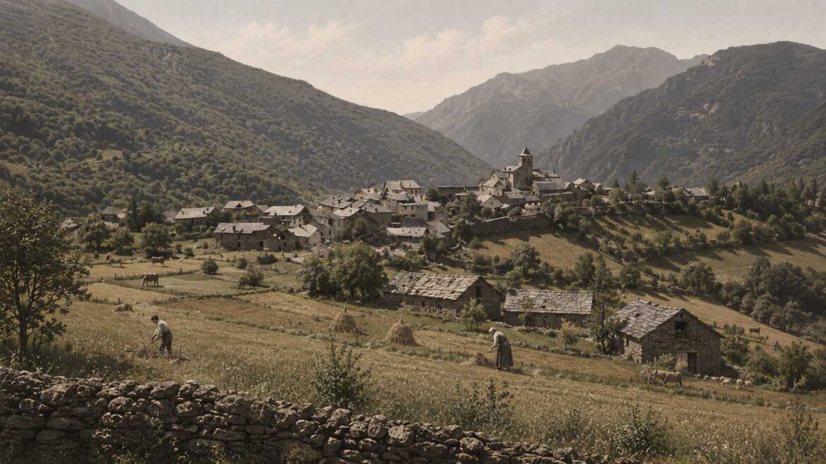 Recreació del paisatge agrícola de Tírvia a començaments del segle XX, amb el poble envoltat de camps, prats, bordes, bestiar i habitants treballant la terra.