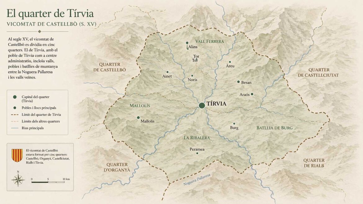 Mapa editorial del quarter de Tírvia al vescomtat de Castellbò durant el segle XV, amb Tírvia com a centre i els territoris de la Vall Ferrera, la batllia de Burg, Mallolís i la Ribalera.