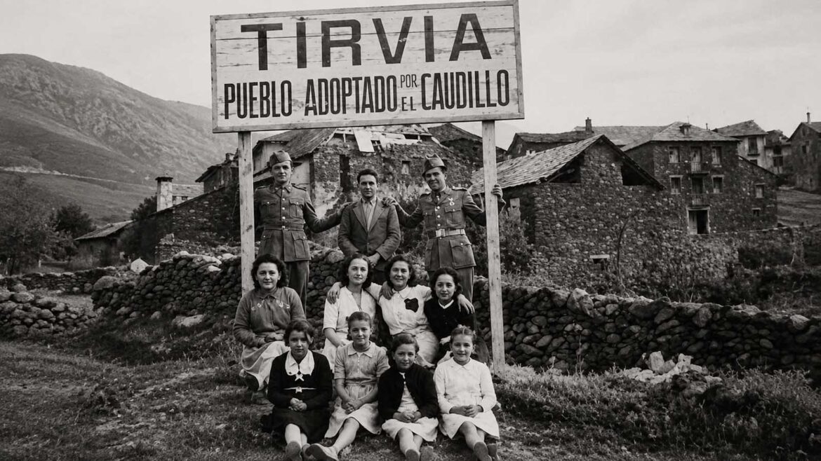 Recreació d’una fotografia de la postguerra a Tírvia, amb veïns del poble i membres uniformats davant del cartell «Tírvia, pueblo adoptado por el Caudillo», durant el període de reconstrucció.