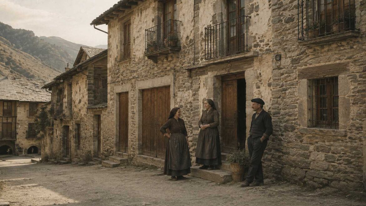 Recreació d’una escena quotidiana a Tírvia a començaments del segle XX, amb dues dones i un home davant de cases de pedra, vestits amb roba de l’època.
