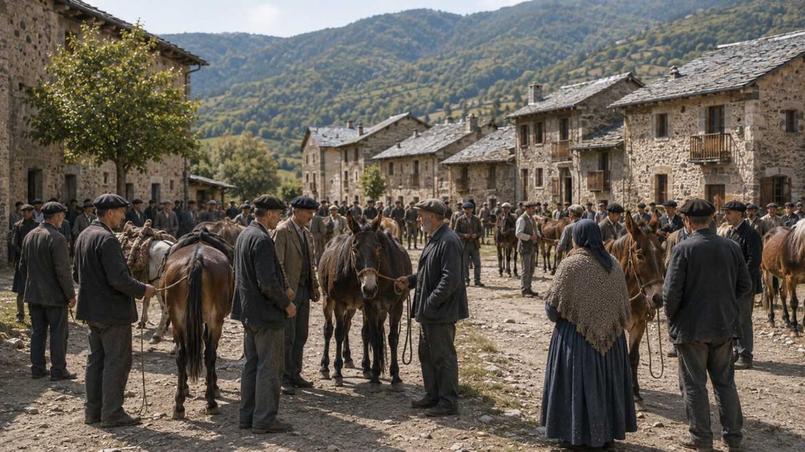 Recreació de la Fira de Tardor de Tírvia a començaments del segle XX, amb veïns, tractants, cavalls i mules reunits entre les cases de pedra del poble.