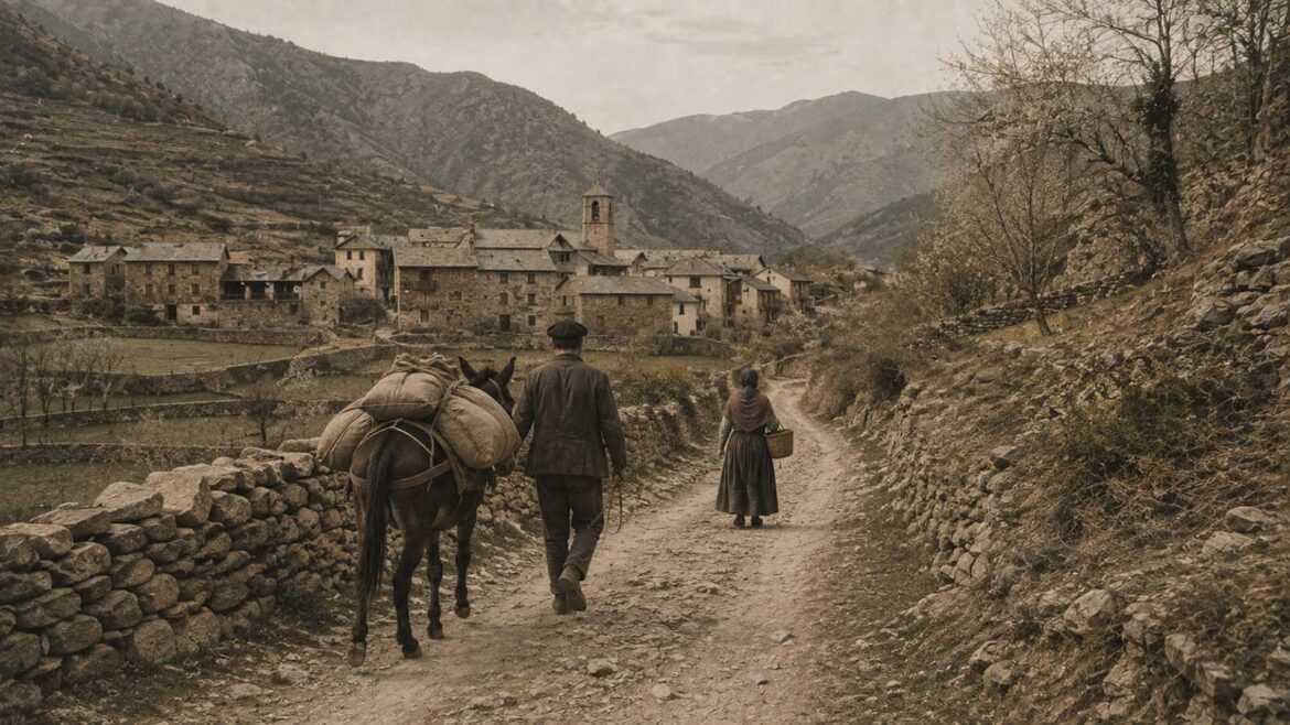 Recreació d’un antic camí d’arribada a Tírvia a començaments del segle XX, amb un home conduint una mula carregada i una dona caminant cap al poble entre murs de pedra i camps de muntanya.