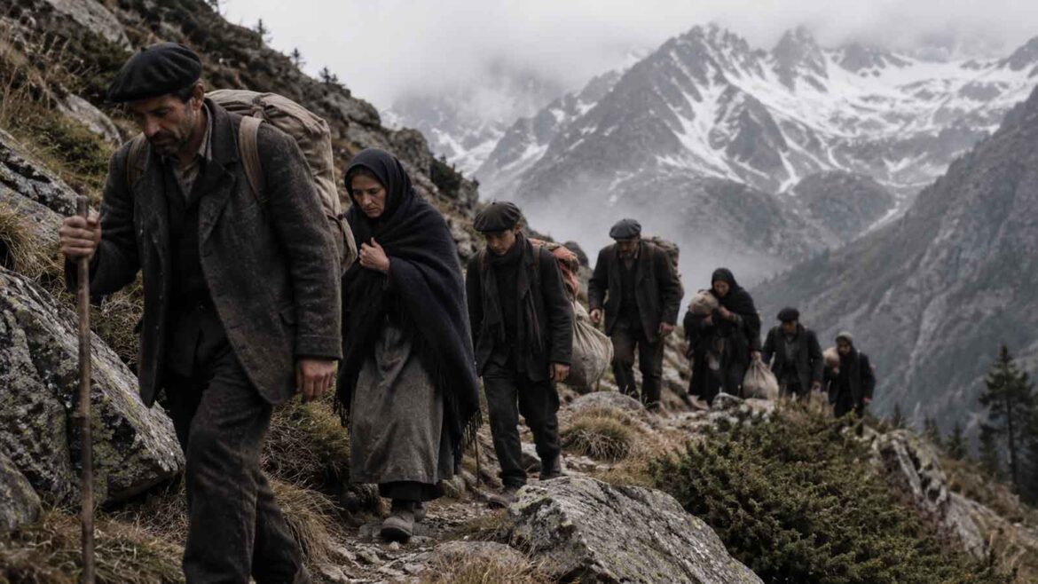 Grup de refugiats avançant a peu per un sender estret d’alta muntanya, carregats amb sacs i equipatge, en una recreació inspirada en les travesses clandestines dels Pirineus durant les dècades de 1930 i 1940.