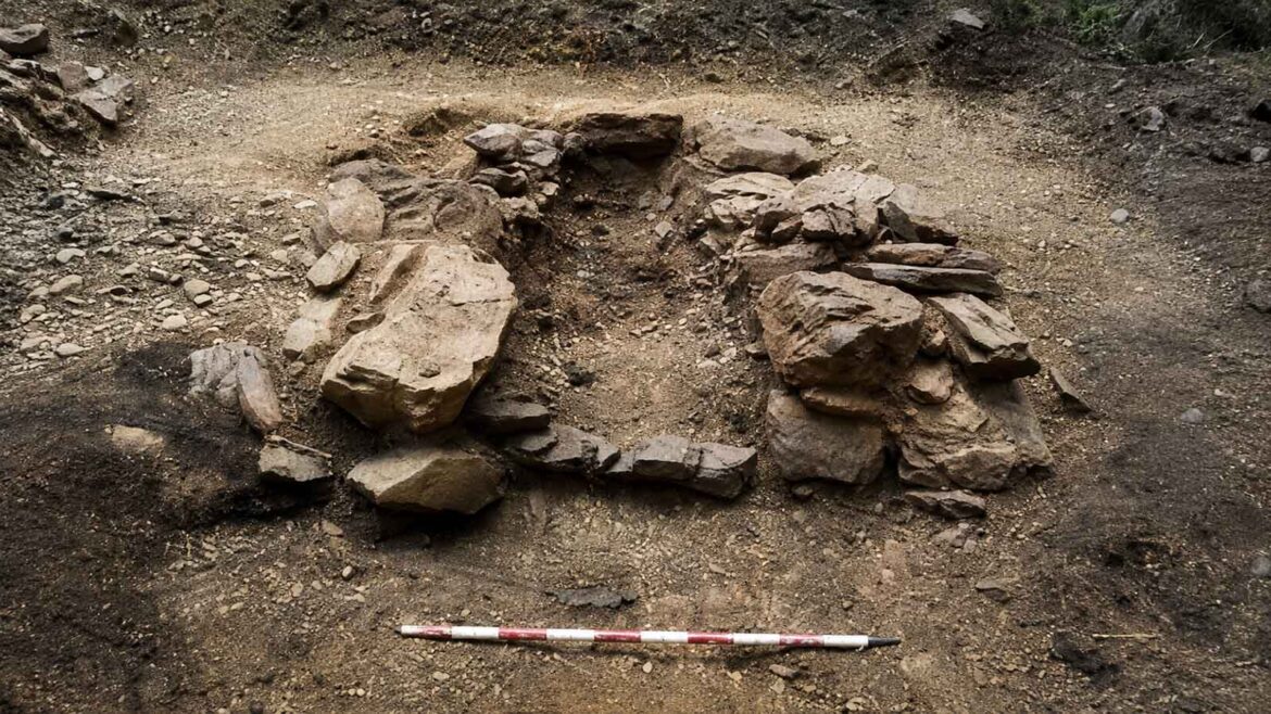Restes arqueològiques d’un antic forn de reducció de ferro excavat al bosc de Virós, a la Vall Ferrera, amb l’estructura de pedra conservada i l’escala arqueològica de mesura en primer pla.