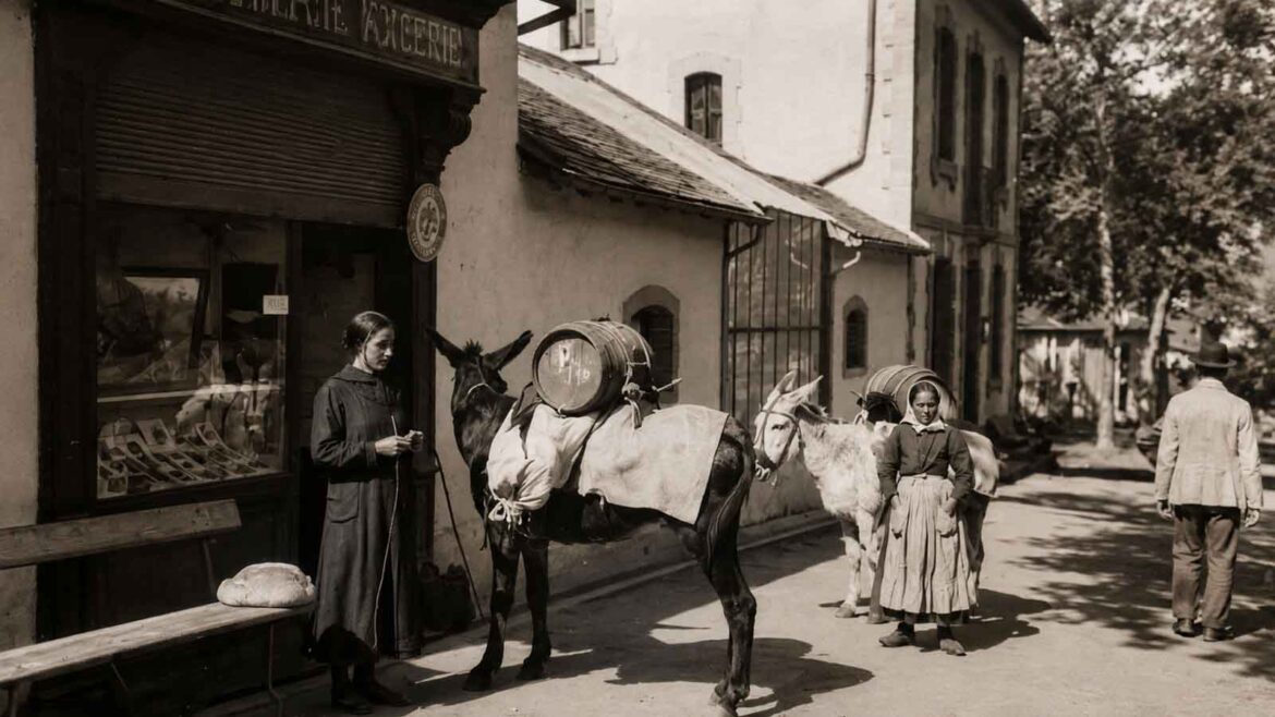 Dones amb animals de bast carregats de mercaderies en un carrer d’Andorra durant les primeres dècades del segle XX, en una escena vinculada al transport tradicional pirinenc.