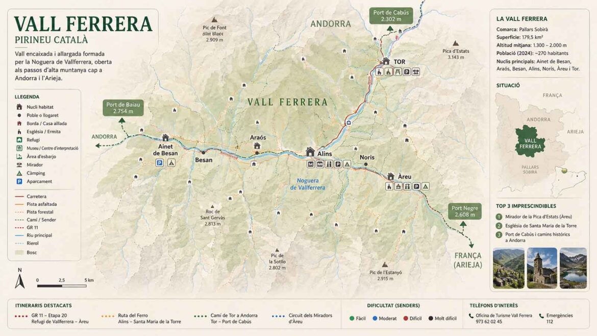Mapa de la Vall Ferrera amb els principals nuclis habitats, la Noguera de Vallferrera, el relleu i els passos de muntanya cap a Andorra i l’Arieja. Recreació documental elaborada a partir de cartografia de referència.