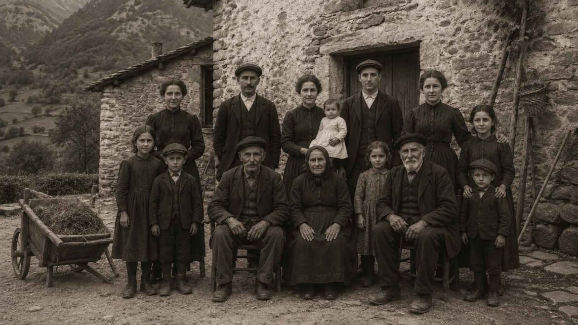 Família de diverses generacions reunida davant d’una casa de pedra de la Vall Ferrera, amb els padrins asseguts, adults i infants drets i un paisatge de muntanya al fons.