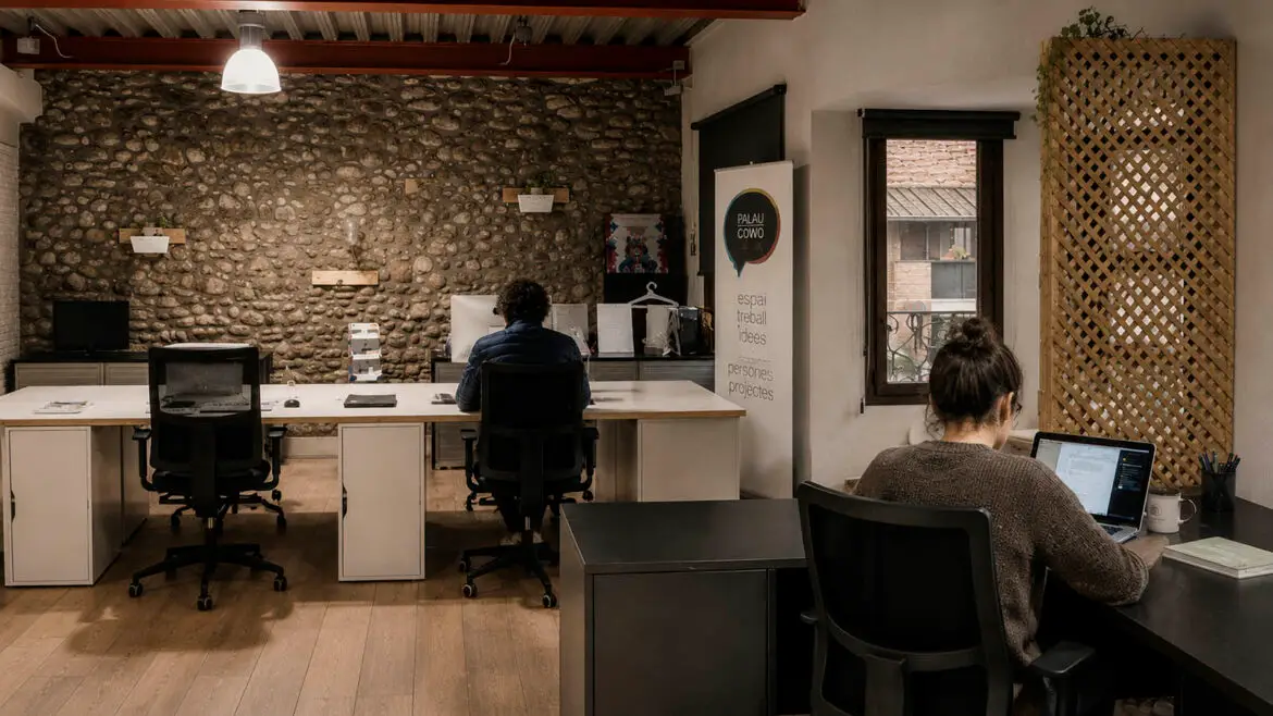 Interior d’un espai de coworking a Puigcerdà, amb diverses persones treballant amb ordinadors en un ambient tranquil.