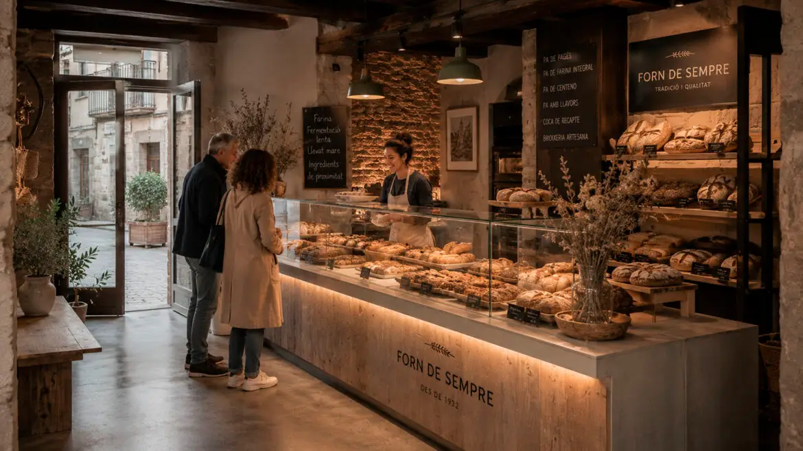 Interior d’un forn de pa renovat als Pirineus, on una fornera atén dos clients entre prestatgeries de pa artesà, pedra i fusta.