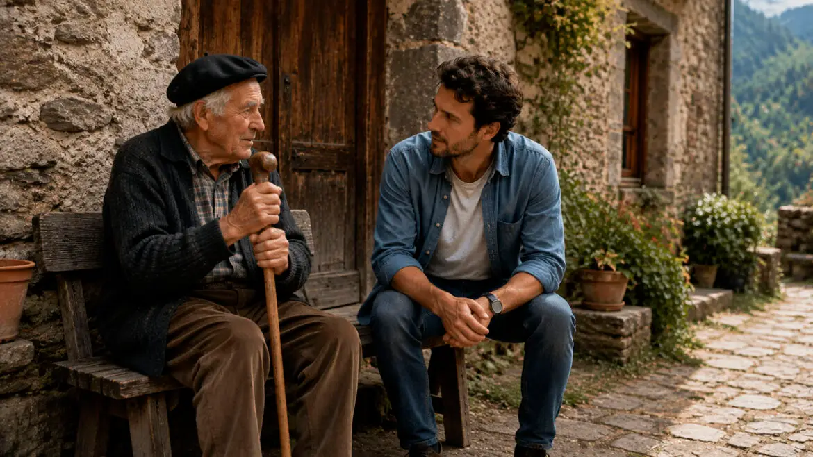 Un home gran i un home més jove conversen asseguts en un banc davant d’una casa de pedra d’un poble pirinenc.