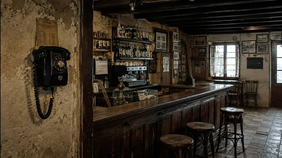 Interior d’un antic bar pirinenc, amb un telèfon negre de paret, un llarg taulell de fusta i diversos tamborets.
