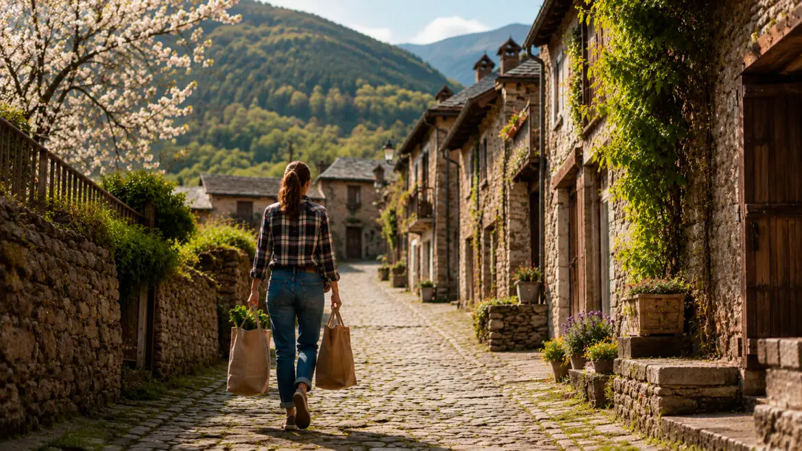 Dona caminant d’esquena per un carrer empedrat d’un petit poble pirinenc, amb bosses de la compra, entre cases de pedra en un dia de primavera.