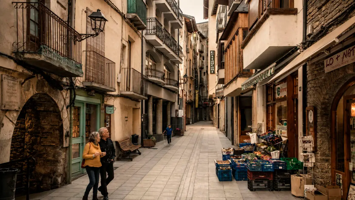 Carrer comercial de Sort, al Pallars Sobirà, amb petits comerços, botigues de proximitat i persones passejant pel centre de la població.