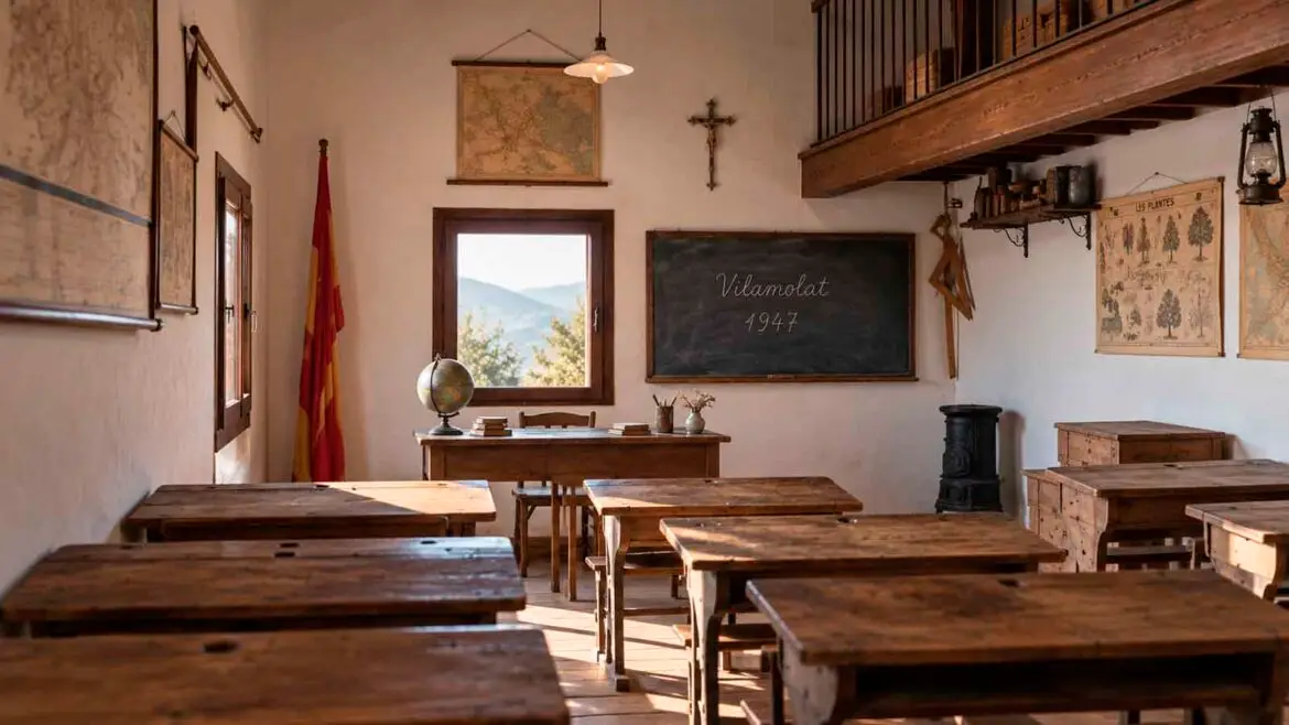 Recreació de l’antiga escola de Vilamolat de Mur, amb els pupitres de fusta buits, la taula del mestre, mapes, pissarra i material escolar conservat a l’aula.