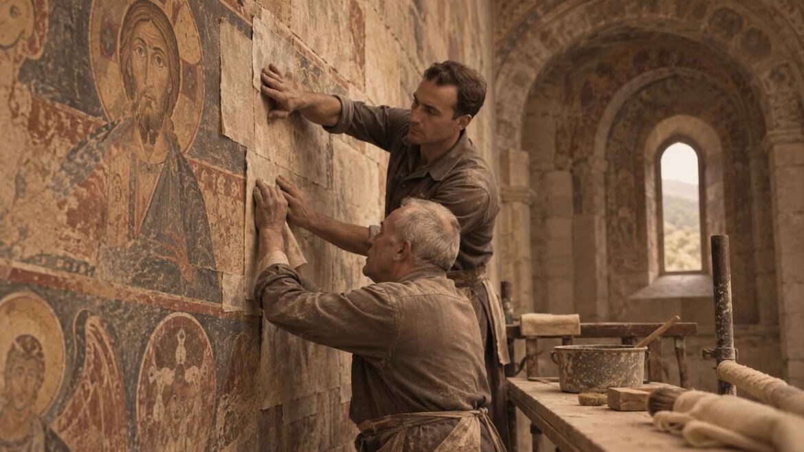 Recreació del procés d’arrencament d’unes pintures murals romàniques mitjançant la tècnica de l’strappo, amb dos operaris treballant sobre la superfície pintada.