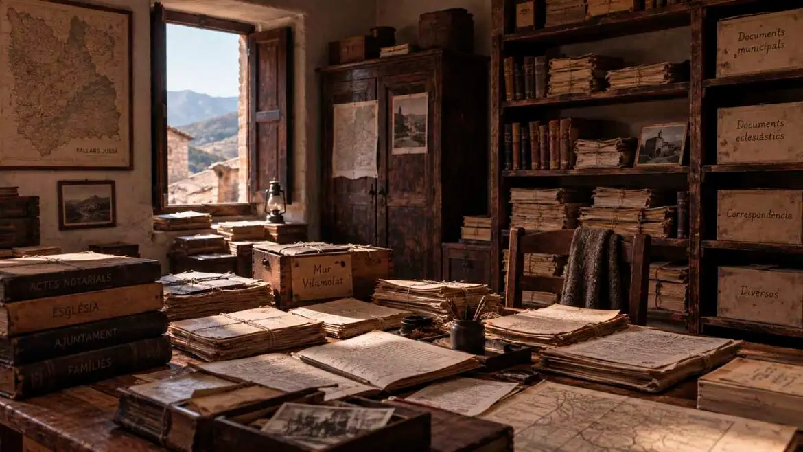 Recreació d’una sala de Casa Josep de Vilamolat de Mur amb documents antics, llibres, lligalls i papers de procedència notarial, eclesiàstica, municipal i familiar reunits per preservar-los.