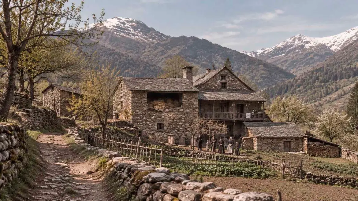 Casa pirinenca de pedra envoltada de prats, horts, camins i murs de pedra seca, amb diverses generacions de la casa davant de l’edifici i les muntanyes al fons.