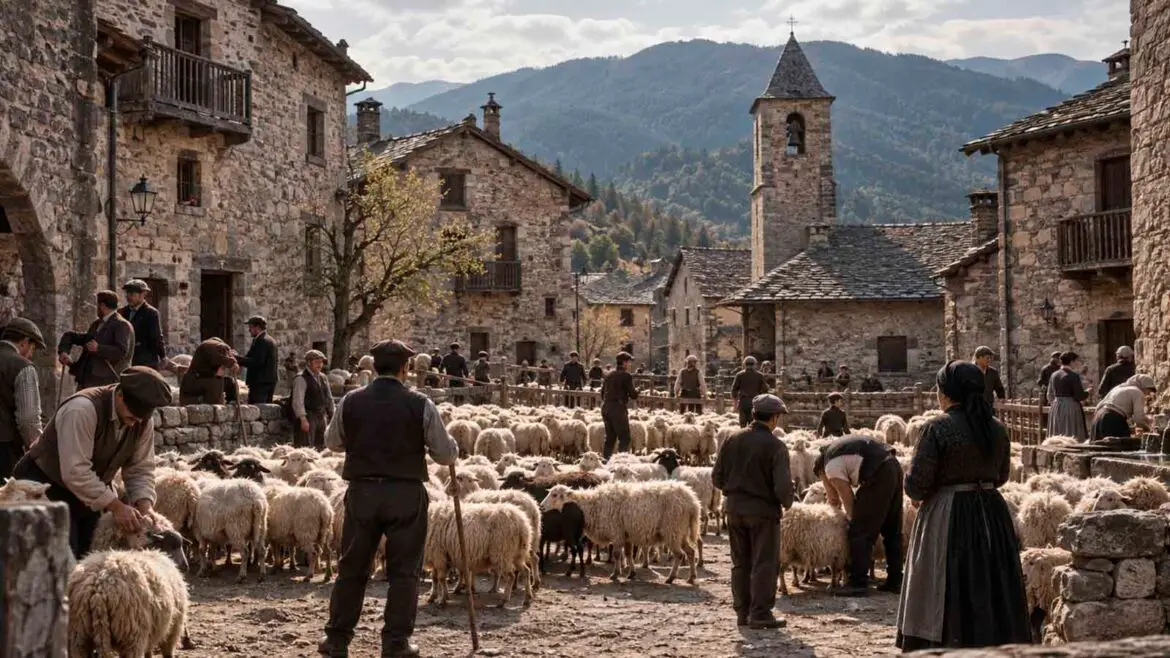 Veïns d’un poble pirinenc reunits a la plaça per triar un ramat d’ovelles, en una escena de treball col·lectiu entre les cases del poble.
