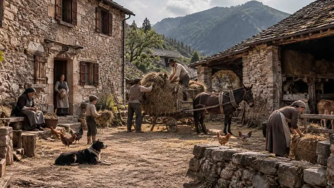 Membres d’una casa pallaresa treballant plegats a l’era, entre la casa, la borda i l’estable, amb animals i diferents tasques de la vida quotidiana.