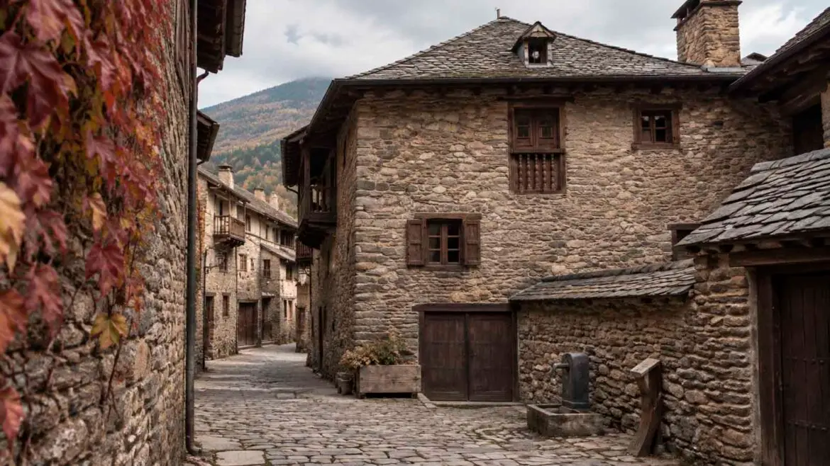 Casa de pedra amb coberta de llosa en un carrer d’un poble de muntanya, en una recreació editorial inspirada en Casa Gassia d’Esterri d’Àneu.