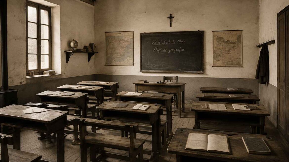 Recreació d’una aula rural pirinenca de la dècada de 1940, amb pupitres de fusta, pissarra, mapes escolars, llibres i una gran finestra que il·lumina l’interior.