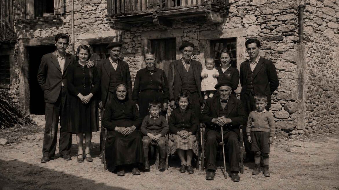 Retrat familiar recreat, ambientat al Pallars dels anys quaranta, amb diverses generacions d’una mateixa família reunides davant d’una casa tradicional de pedra.