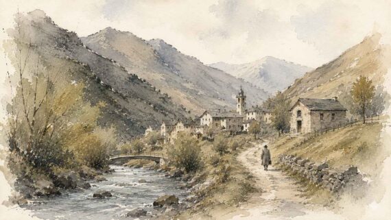Il·lustració en aquarel·la d’una vall pirinenca travessada pel riu Pamano, amb un petit poble entre les muntanyes, una escola de pedra als afores i la silueta d’un mestre que avança pel camí.