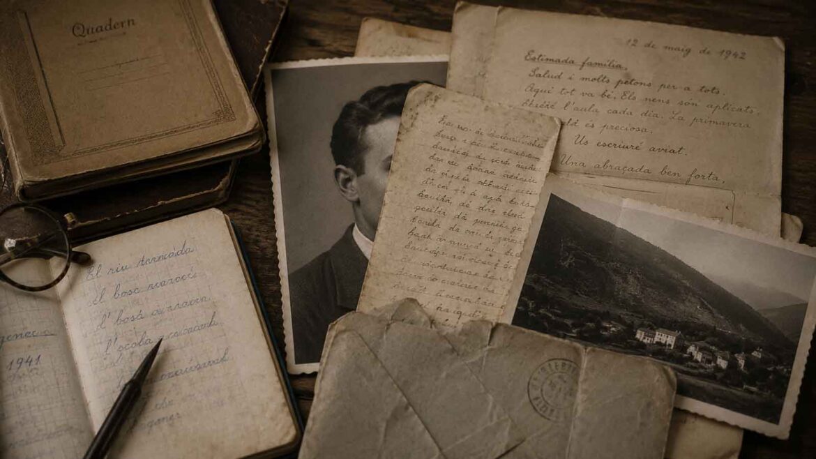 Documents, quaderns i fotografies antigues escampats sobre una taula, amb el retrat d’un home parcialment ocult entre els papers, com una identitat que es reconstrueix a través dels arxius.