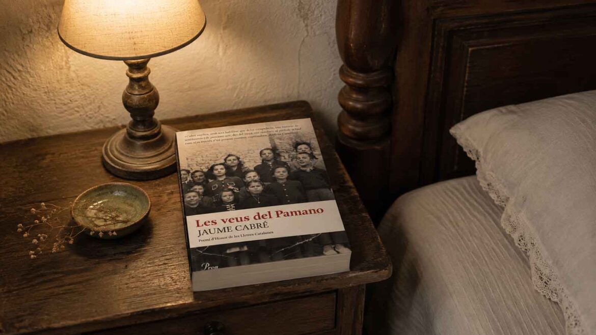Exemplar de Les veus del Pamano, de Jaume Cabré, damunt d’una tauleta de nit de fusta, al costat d’un llum i d’un llit antic, en un interior d’atmosfera pirinenca.