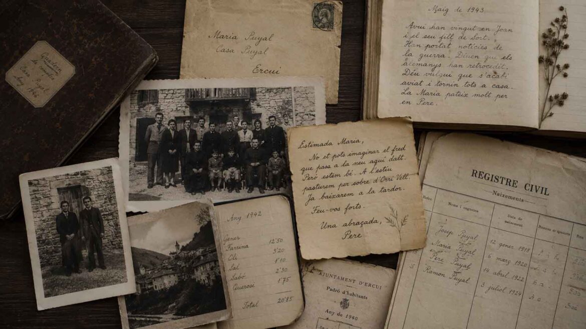 Composició editorial de fotografies antigues, cartes manuscrites, quaderns i documents d’arxiu disposats sobre una taula de fusta, com diferents traces conservades d’una mateixa història familiar.